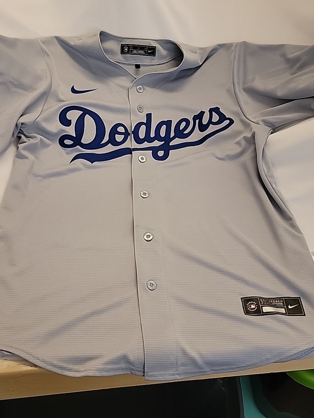 Nike Grey Dodgers Button-Front Jersey with Blue Script